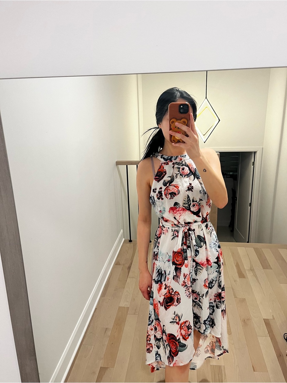 Suzy Shier White Halter Midi Dress with Red Floral Print